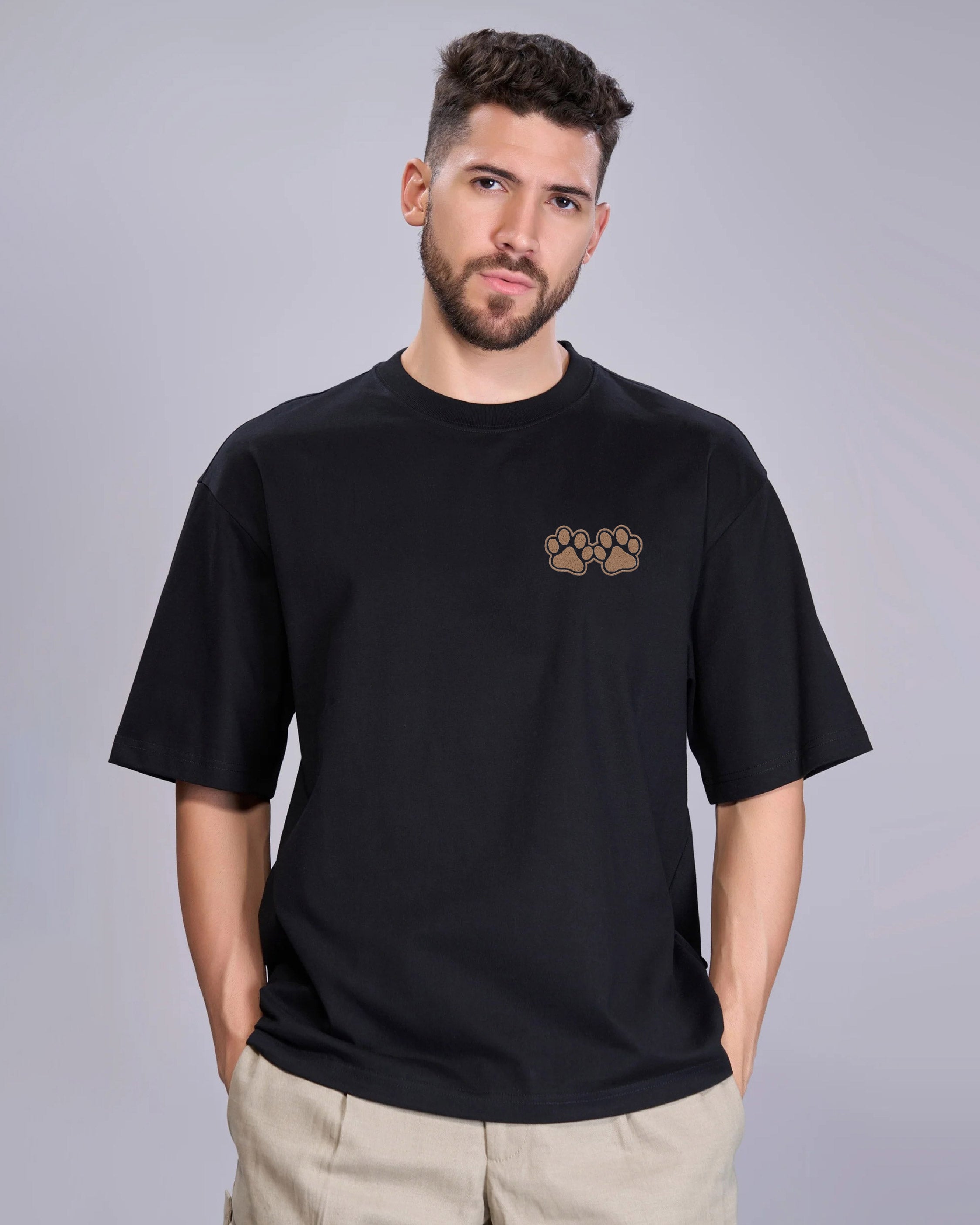 Dog Paw Wildlife Embroidery Oversized Brown T-Shirt