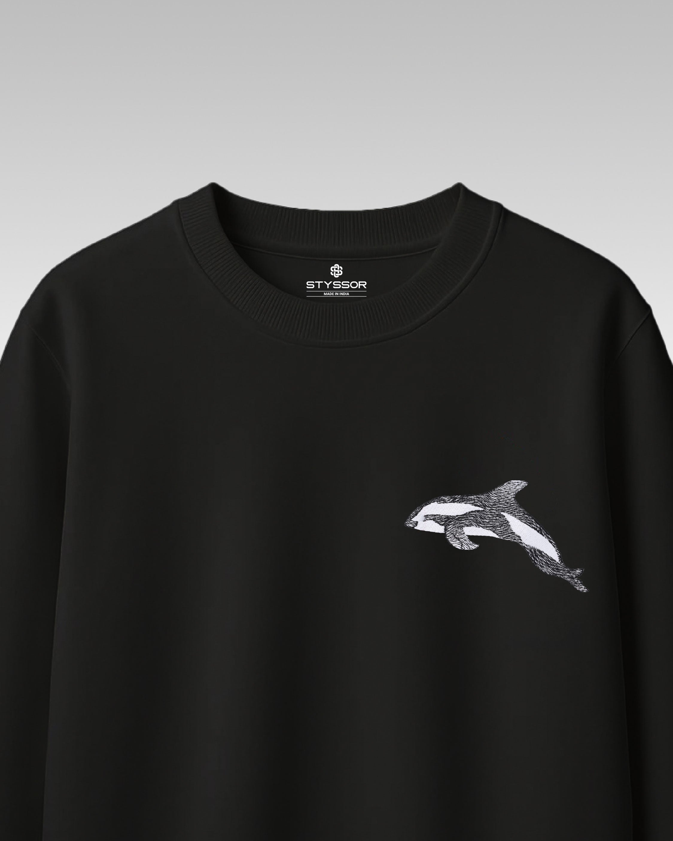 Dolphin Wildlife Embroidery Oversized Black T-Shirt