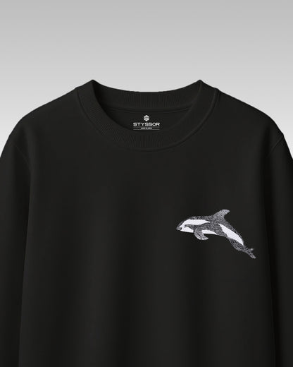 Dolphin Wildlife Embroidery Oversized Black T-Shirt