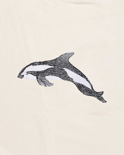 Black and white illustration of a dolphin on a beige background