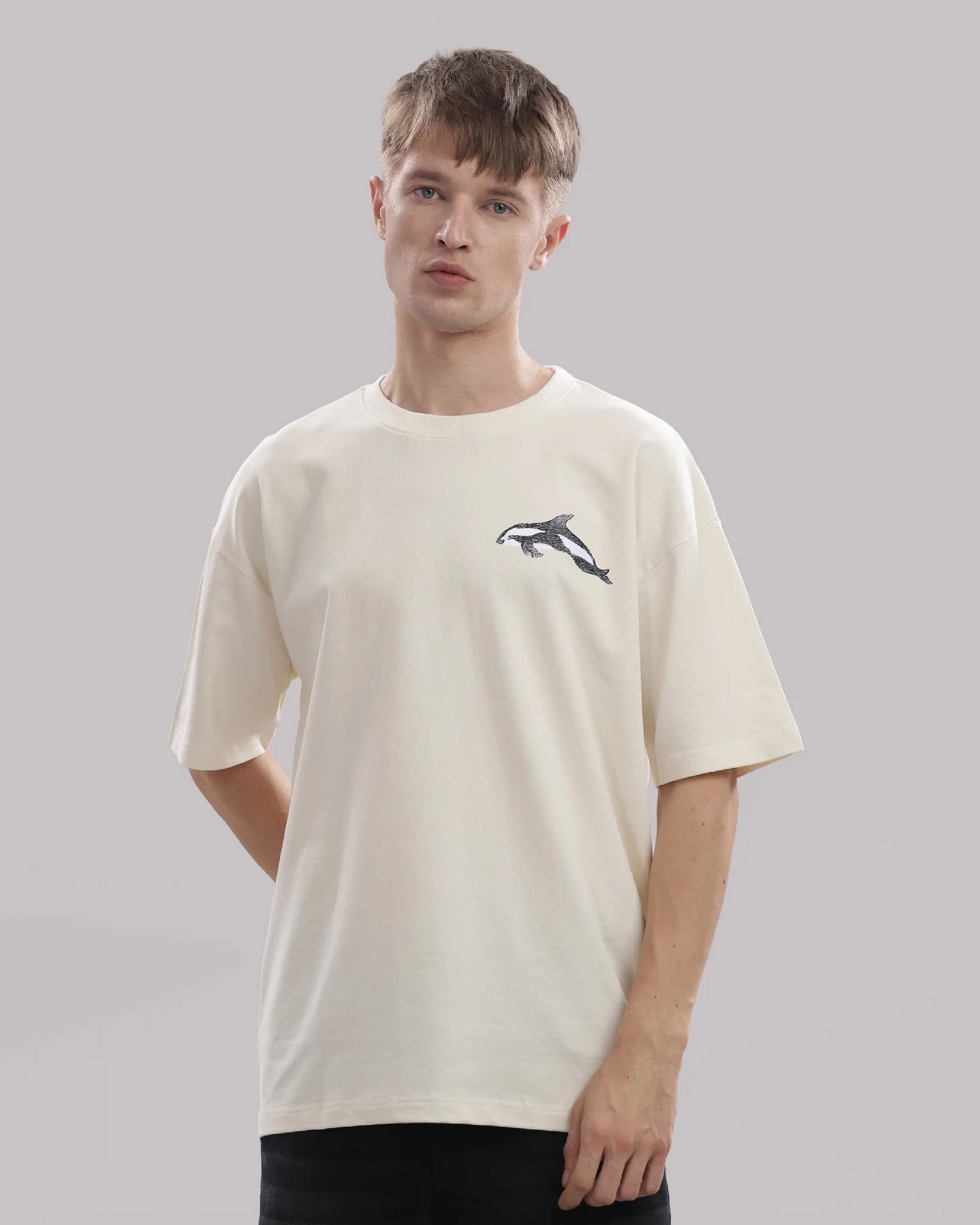 Dolphin Wildlife Embroidery Oversized Off-White T-Shirt