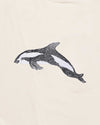 Black and white illustration of a dolphin on a beige background