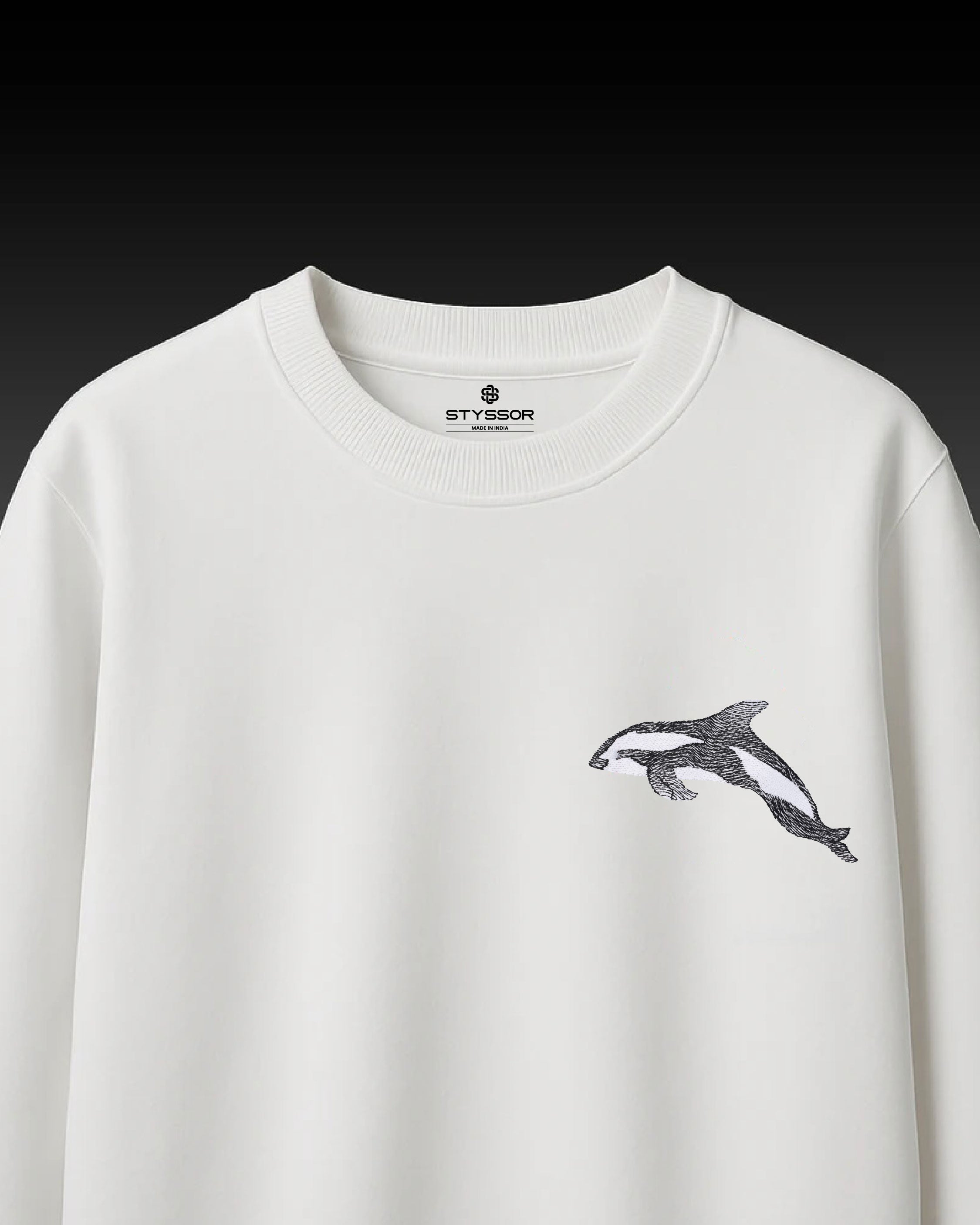 Dolphin Wildlife Embroidery Oversized White T-Shirt
