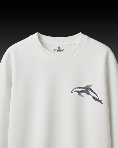 Dolphin Wildlife Embroidery Oversized White T-Shirt
