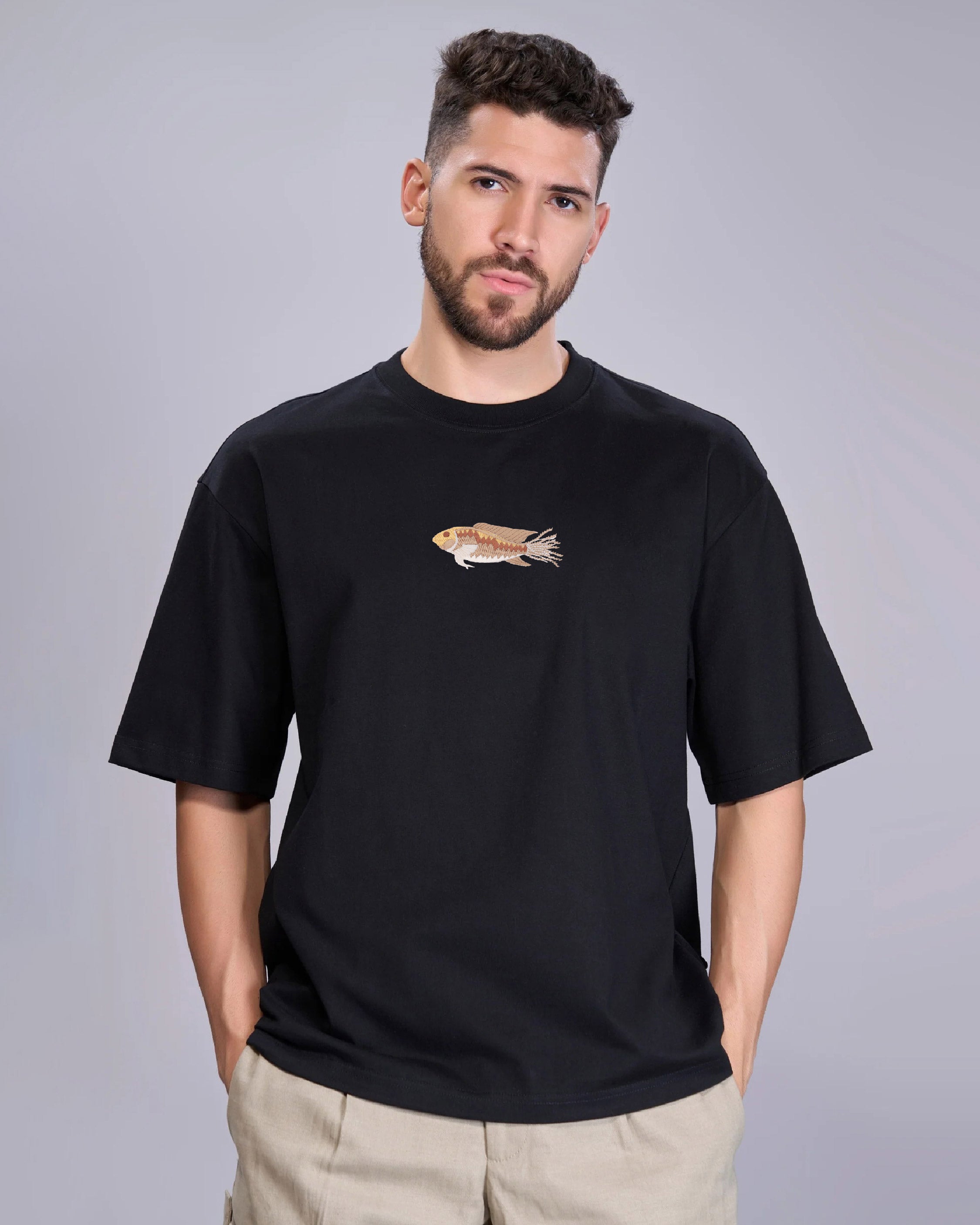 Fish Wildlife Embroidery Oversized Black T-Shirt