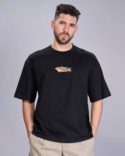 Fish Wildlife Embroidery Oversized Black T-Shirt