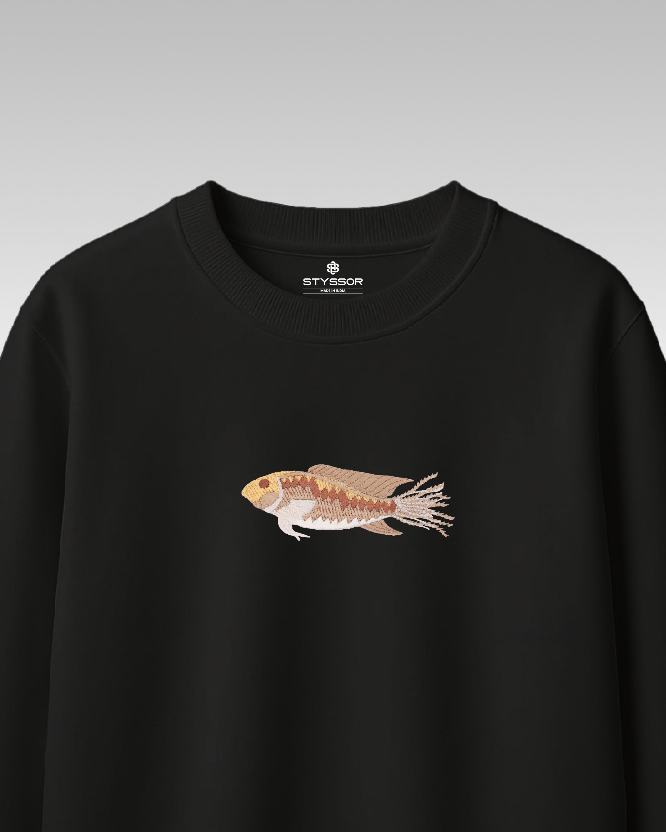 Fish Wildlife Embroidery Oversized Black T-Shirt