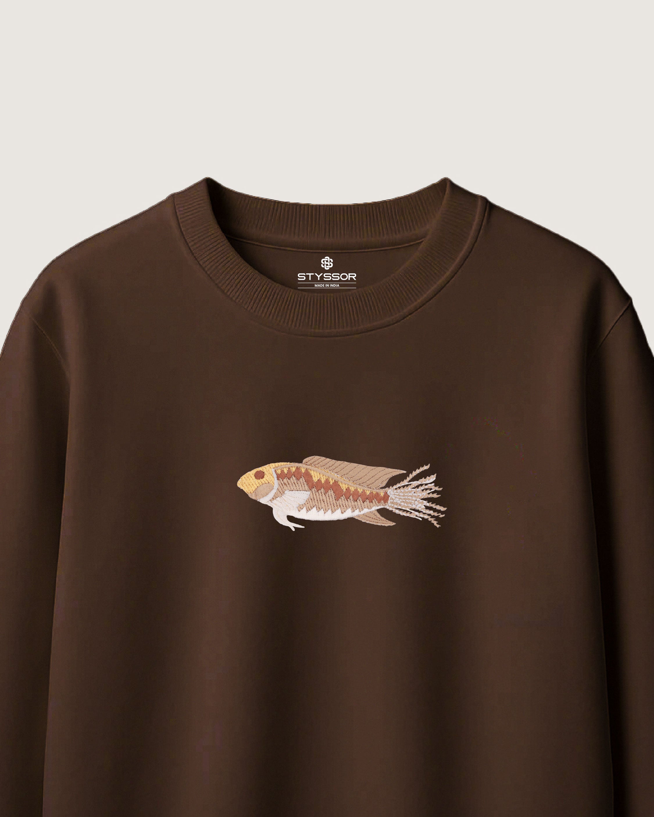 Fish Wildlife Embroidery Oversized Brown T-Shirt
