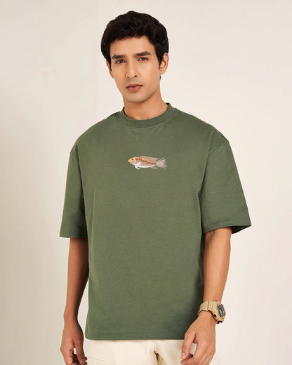 Fish Wildlife Embroidery Oversized Green T-Shirt