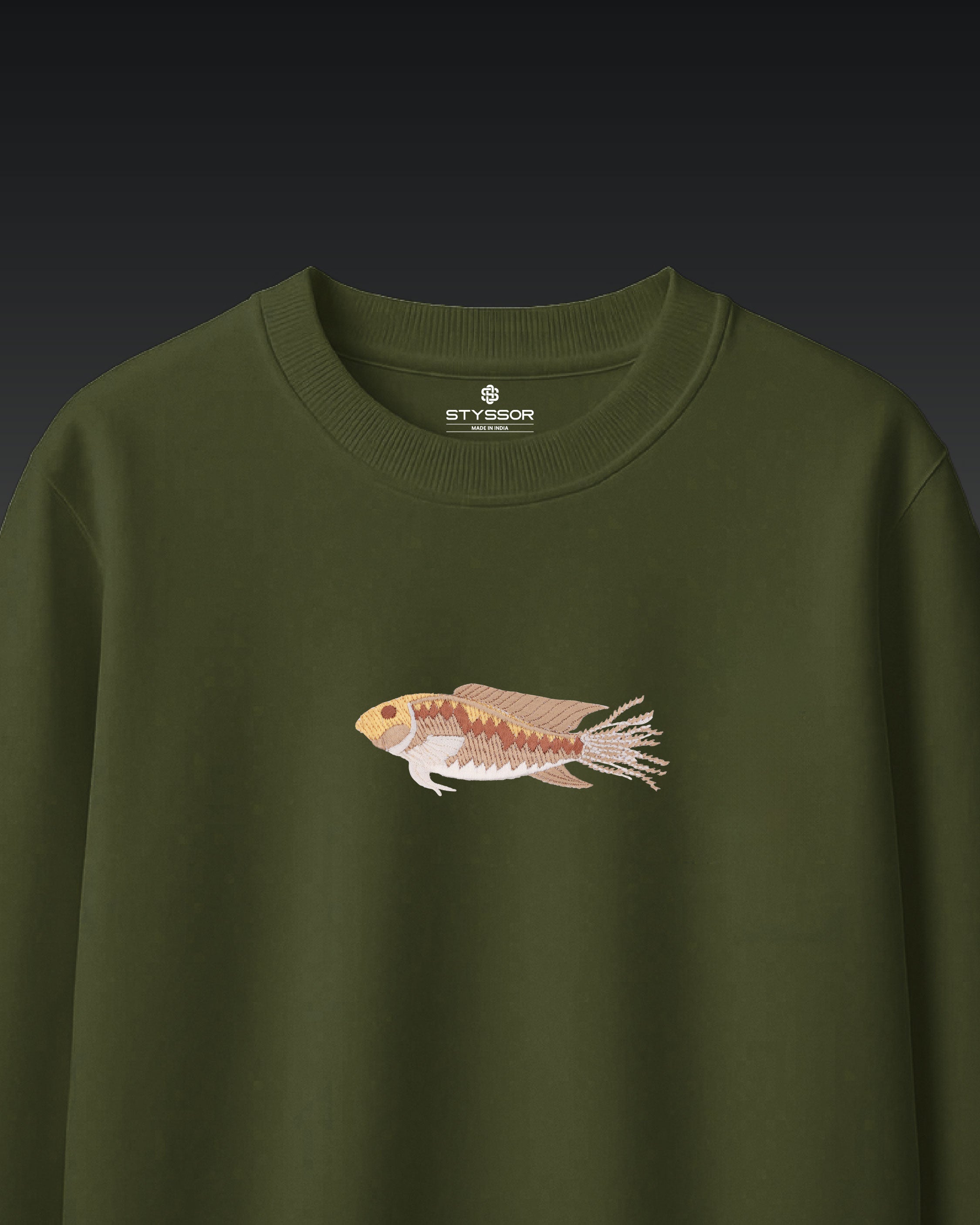 Fish Wildlife Embroidery Oversized Green T-Shirt