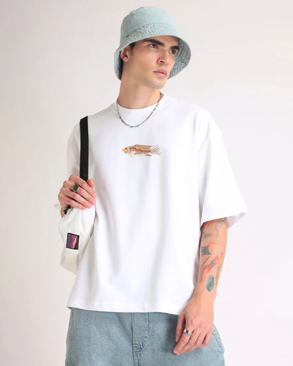Fish Wildlife Embroidery Oversized White T-Shirt