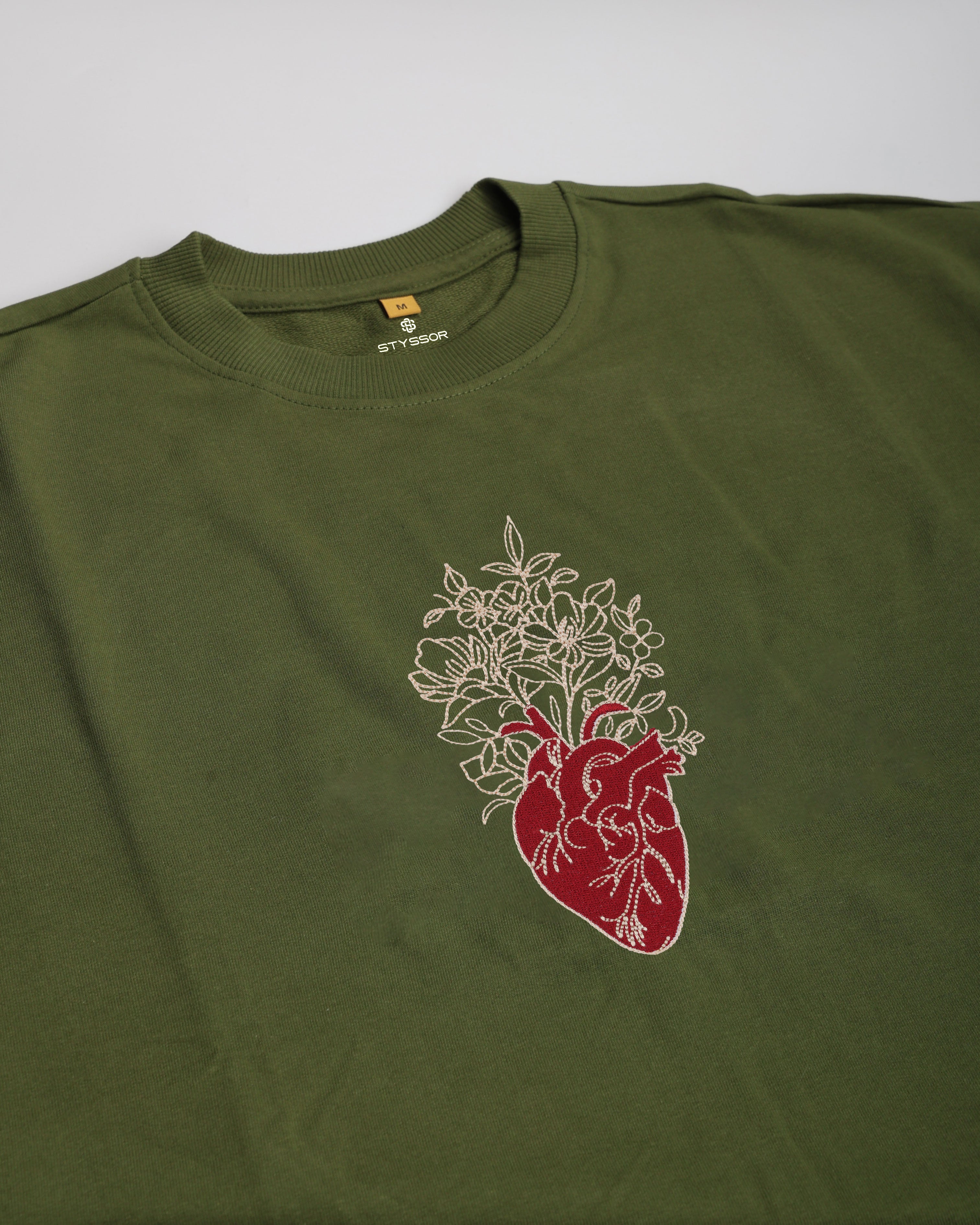 Shop Floral Heart Embroidery Green Oversized T-Shirt