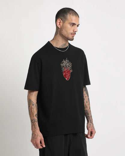 Floral Heart Embroidery Black Oversized T-Shirt