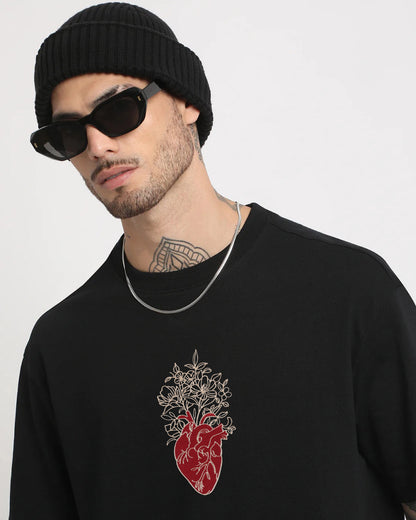 Shop Floral Heart Embroidery Black Oversized T-Shirt 