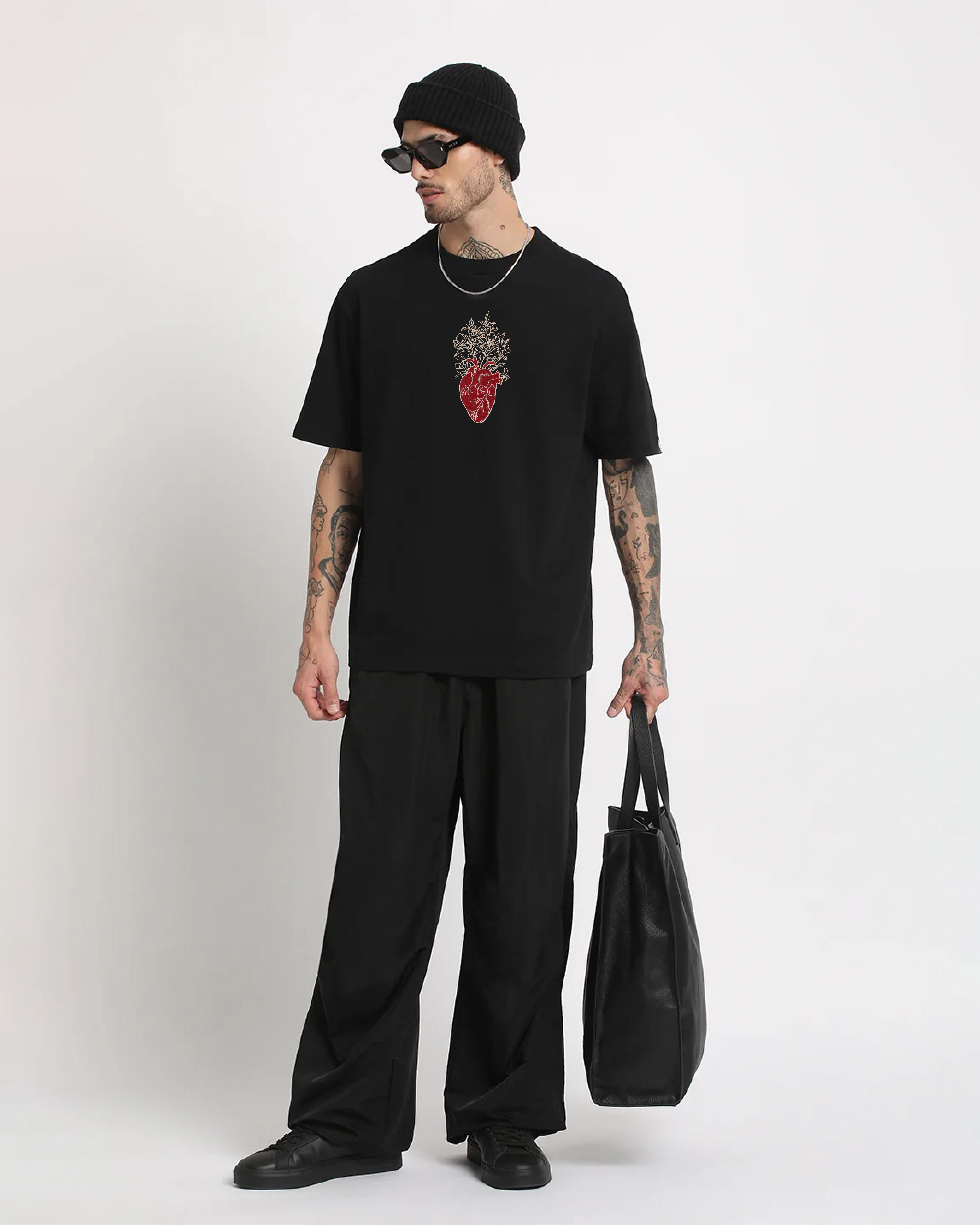 Floral Heart Embroidery Black Oversized T-Shirt Order Now!