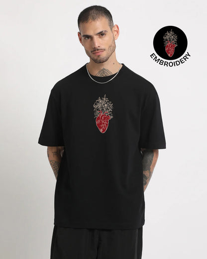 Floral Heart Embroidery Black Oversized T-Shirt web