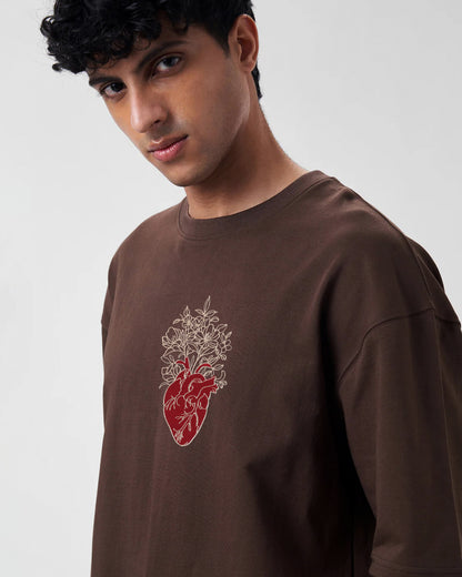 Floral Heart Embroidery Brown Oversized T-Shirt Order Now!