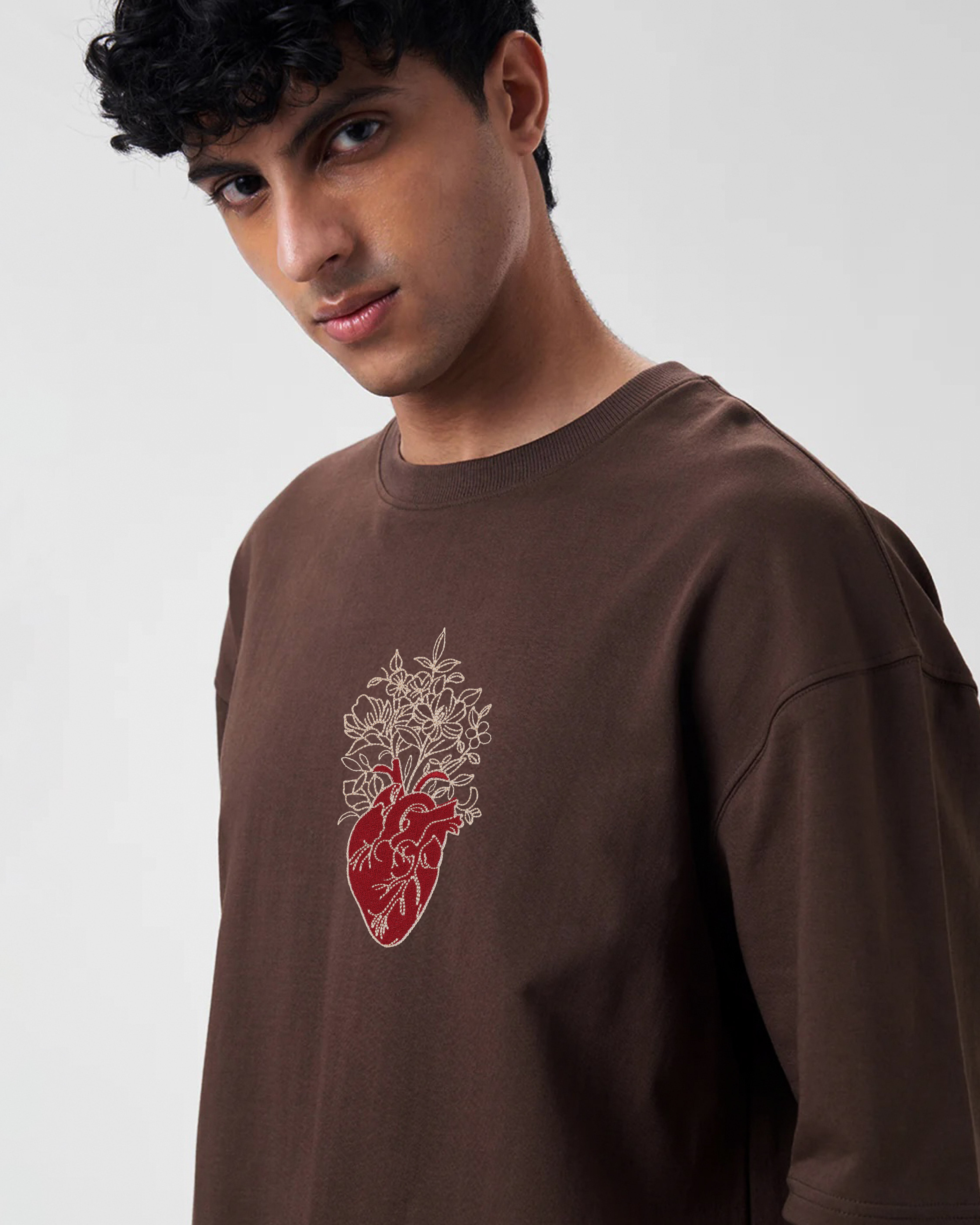 Floral Heart Embroidery Brown Oversized T-Shirt Order Now!