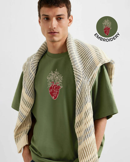 Floral Heart Embroidery Green Oversized T-Shirt