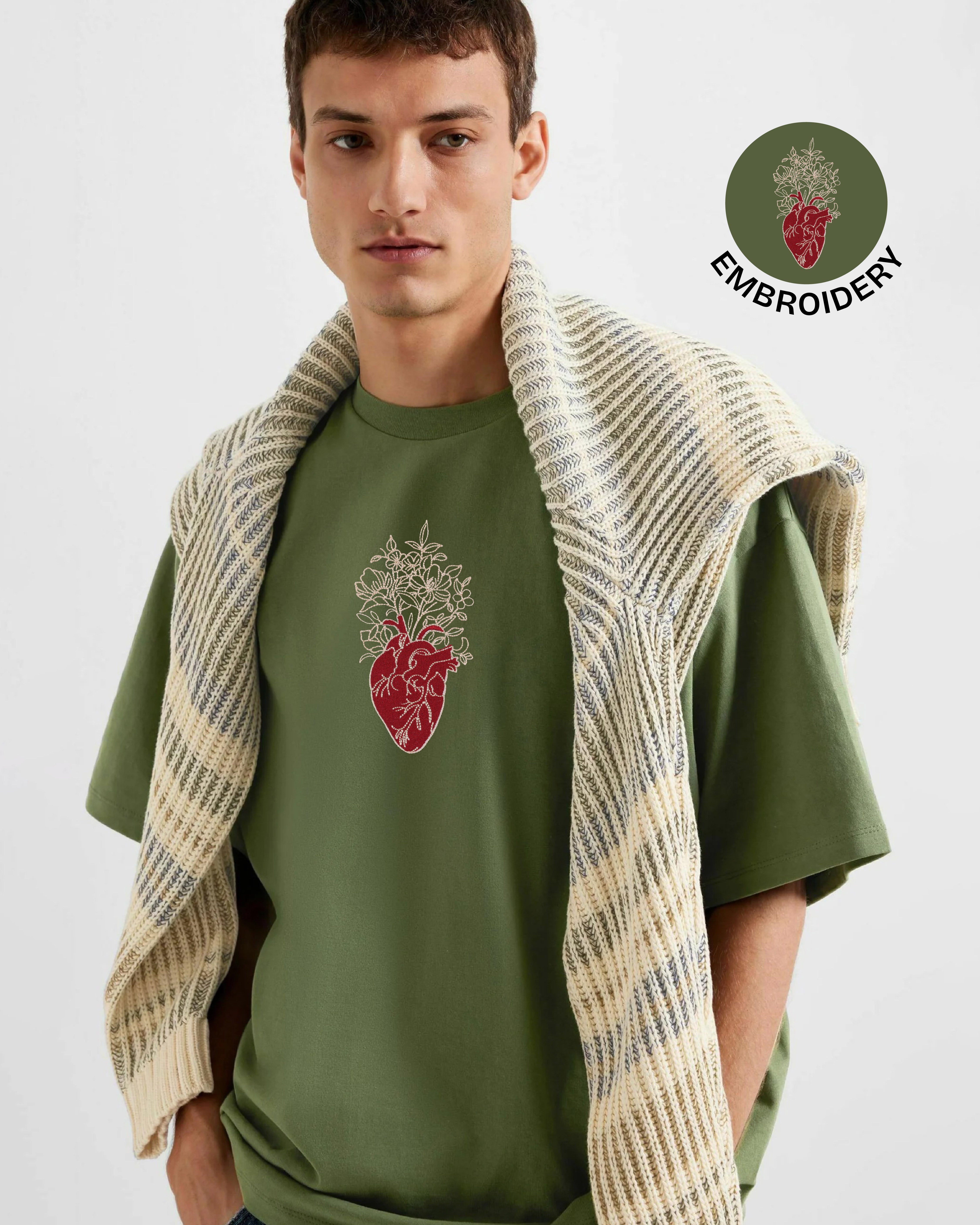 Floral Heart Embroidery Green Oversized T-Shirt
