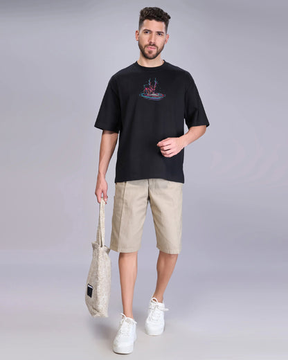 Galaxy Deer Embroidery Black Oversized T-Shirt2