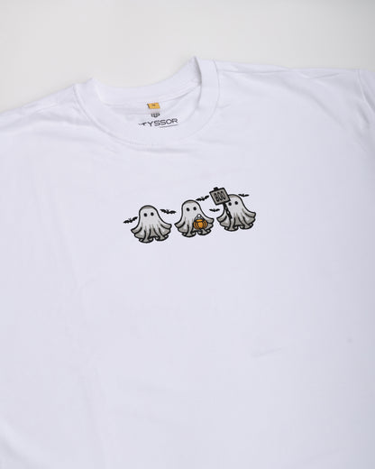 White t-shirt with cartoon ghost design on a white background