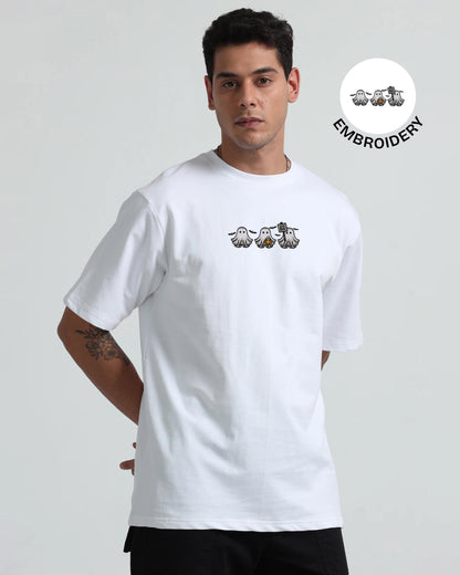 Halloween Ghost Embroidery White Oversized T-Shirt