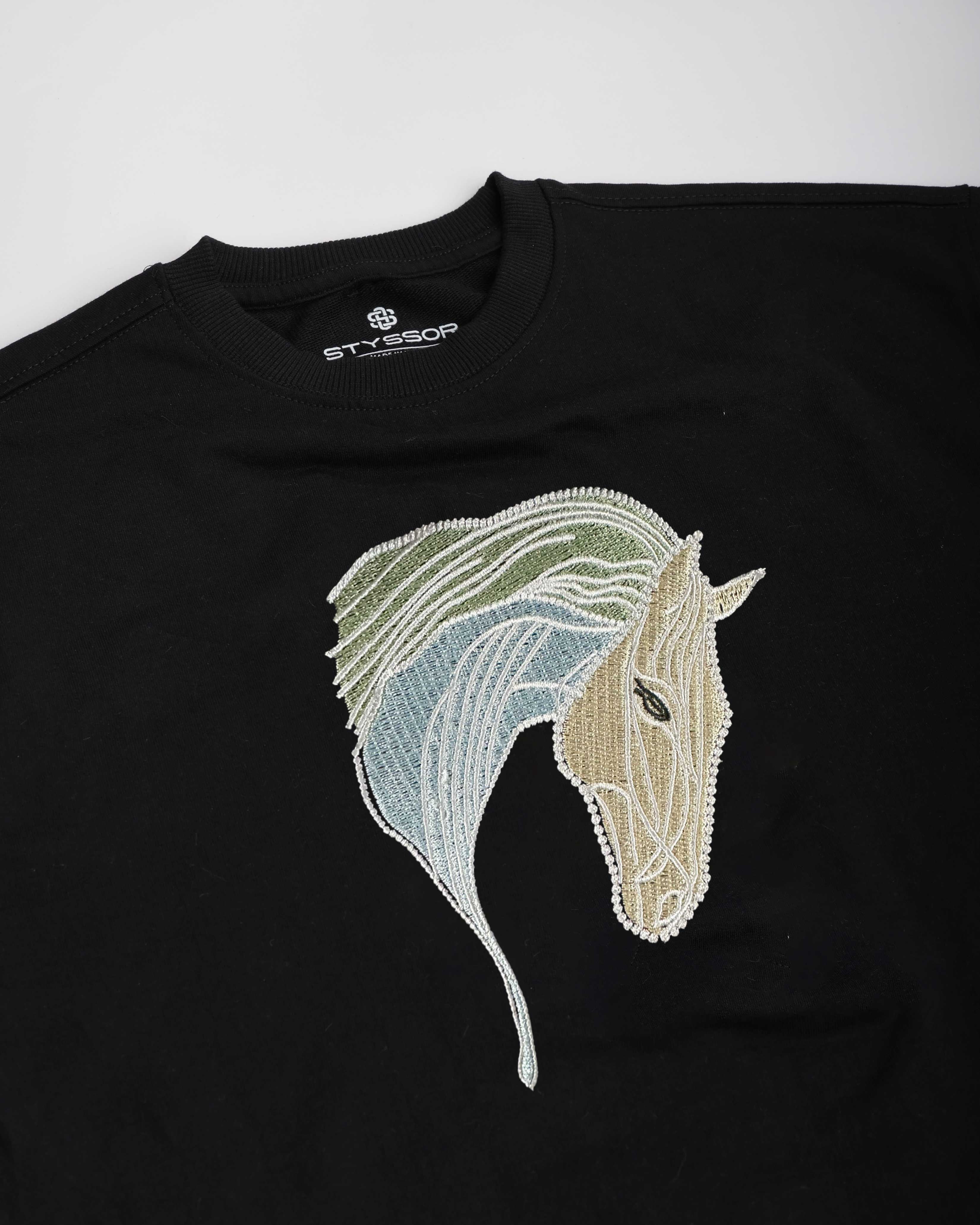 Horse Face Embroidery Black Oversized T-Shirt