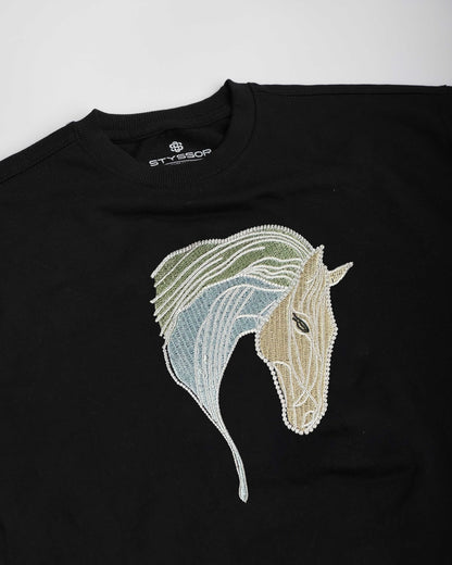 Horse Face Embroidery Black Oversized T-Shirt