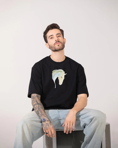 Horse Face Embroidery Black Oversized T-Shirt