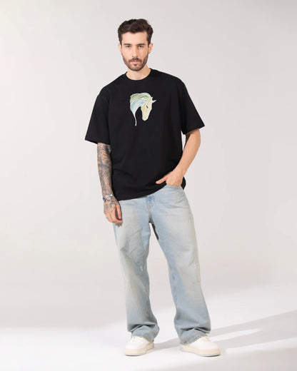 Horse Face Embroidery Black Oversized T-Shirt