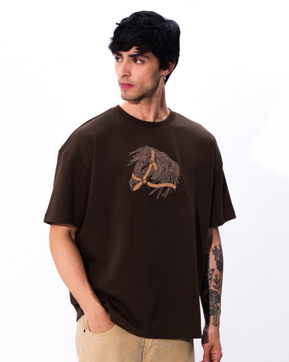 Horse Face Embroidery Oversized Brown T-Shirt