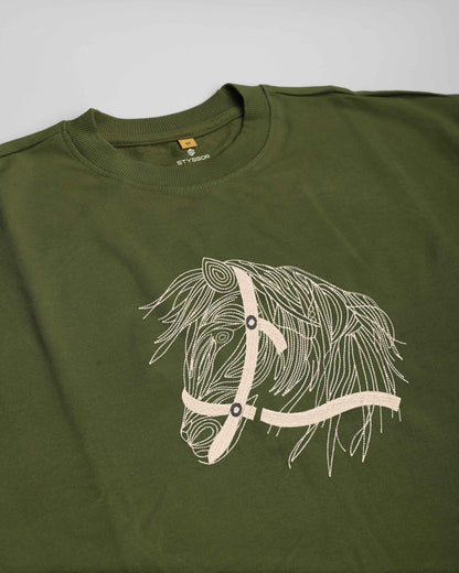 Green t-shirt with a white horse head design on a light gray background