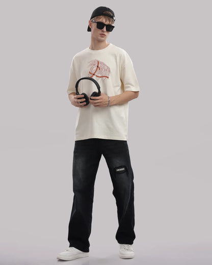 Horse Face Embroidery Oversized Off White T-Shirt