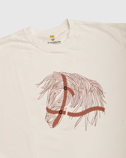 Horse Face Embroidery Oversized Off White T-Shirt