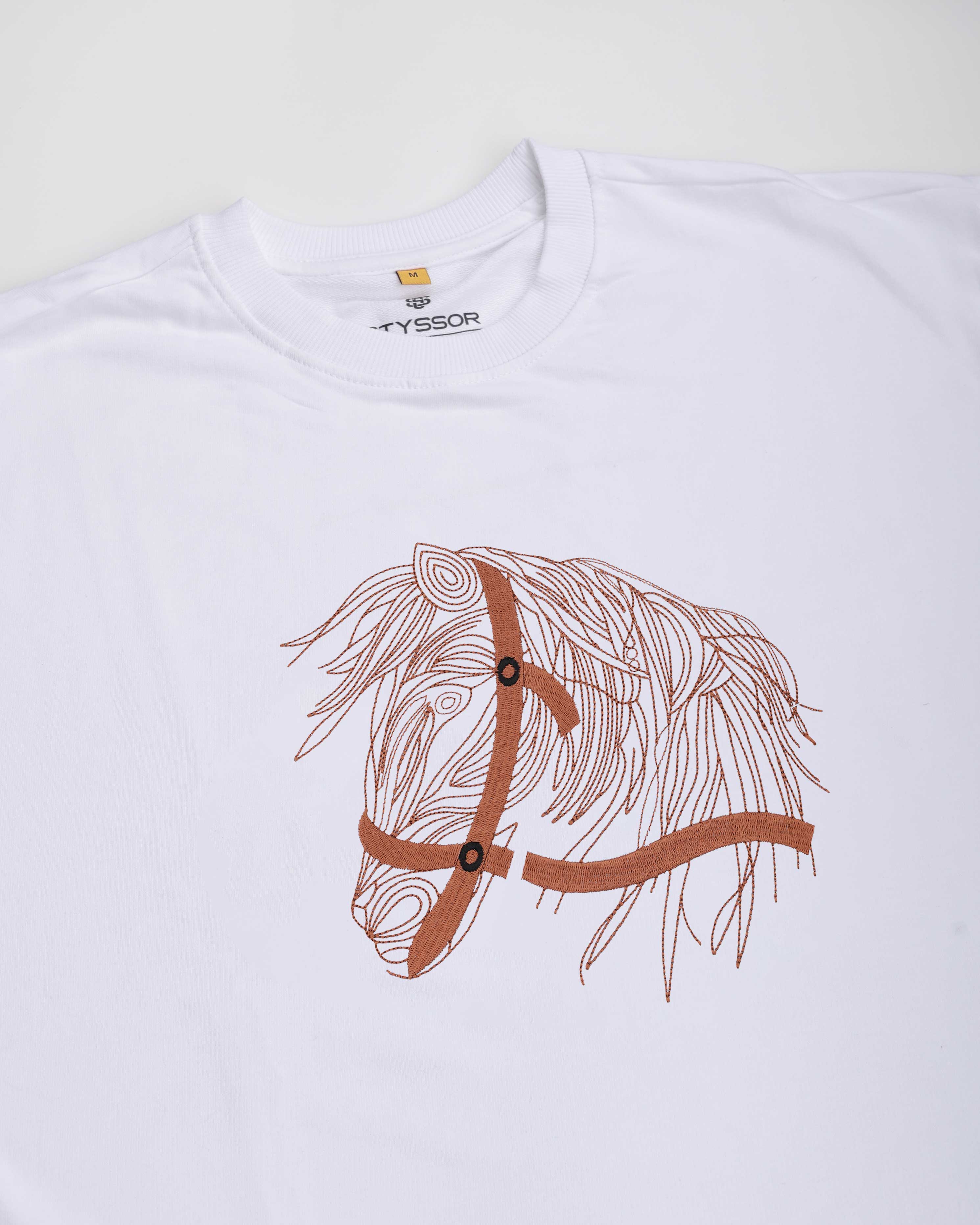 Horse Face Embroidery Oversized White T-Shirt