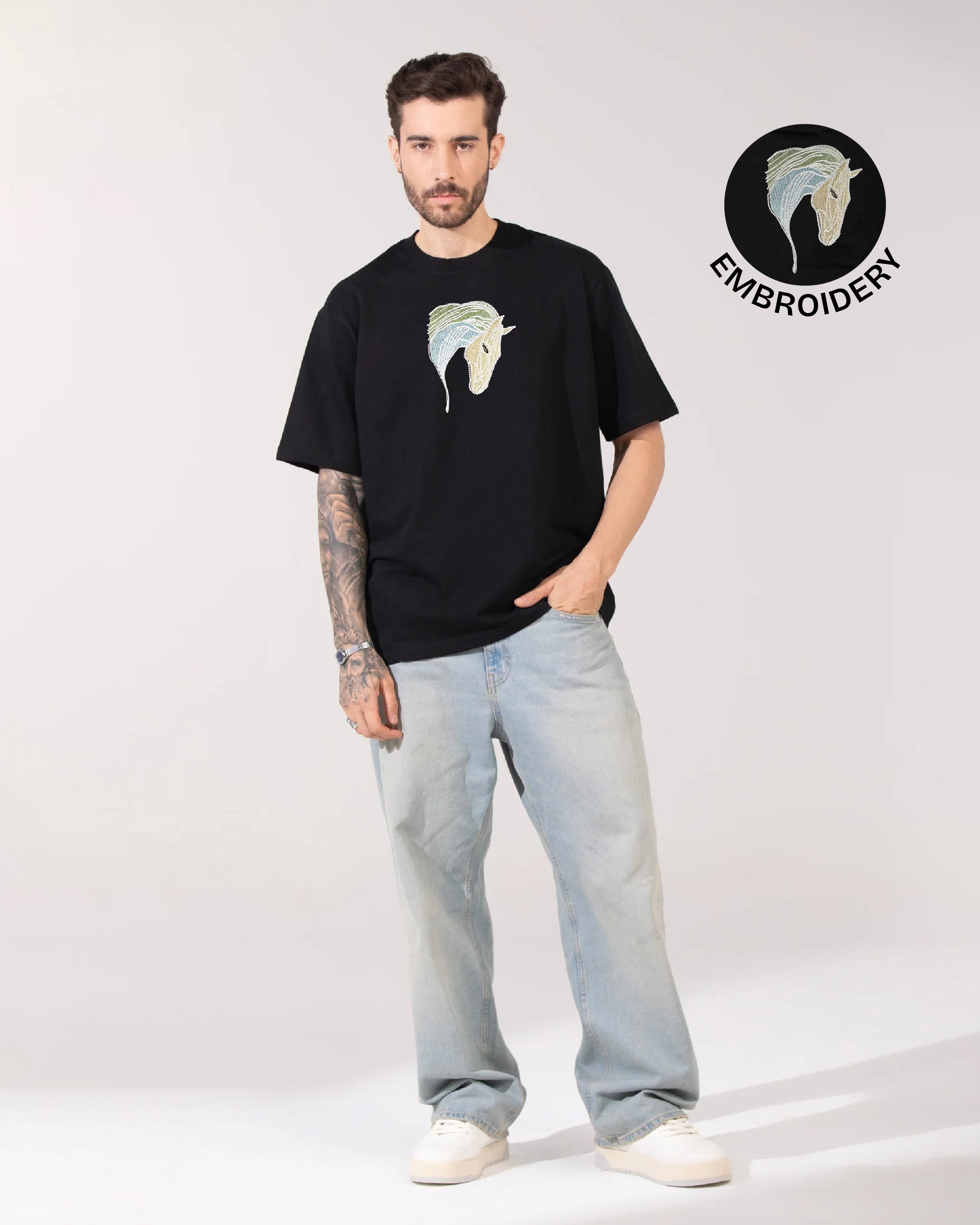 Horse Face Embroidery Black Oversized T-Shirt