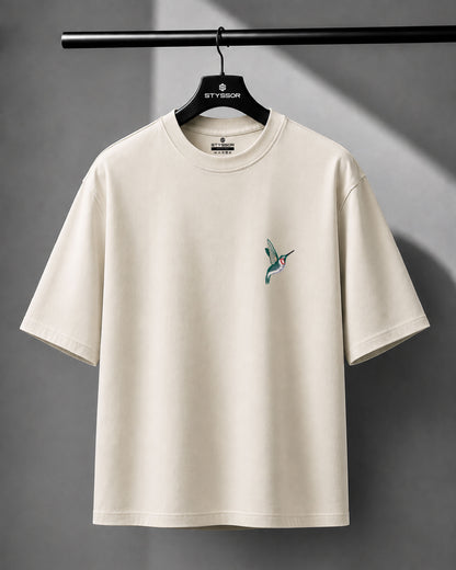 Humming Bird Wildlife Embroidery Oversized T-Shirt