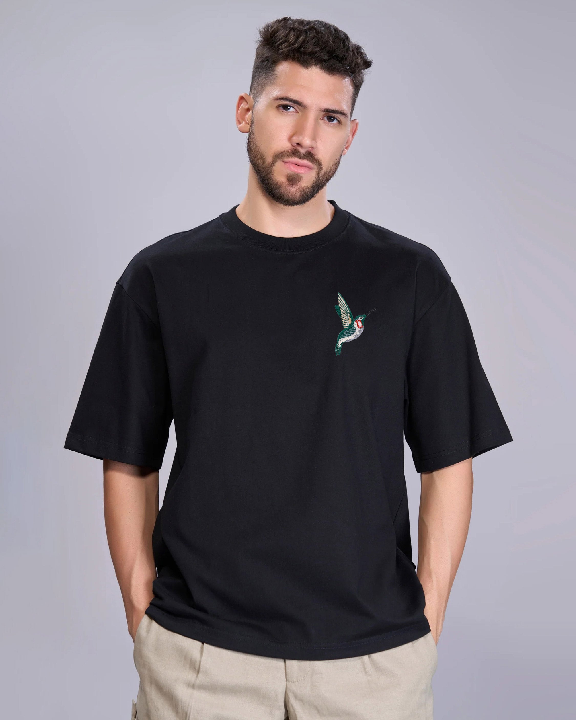 Humming Bird Wildlife Embroidery Oversized Black T-Shirt