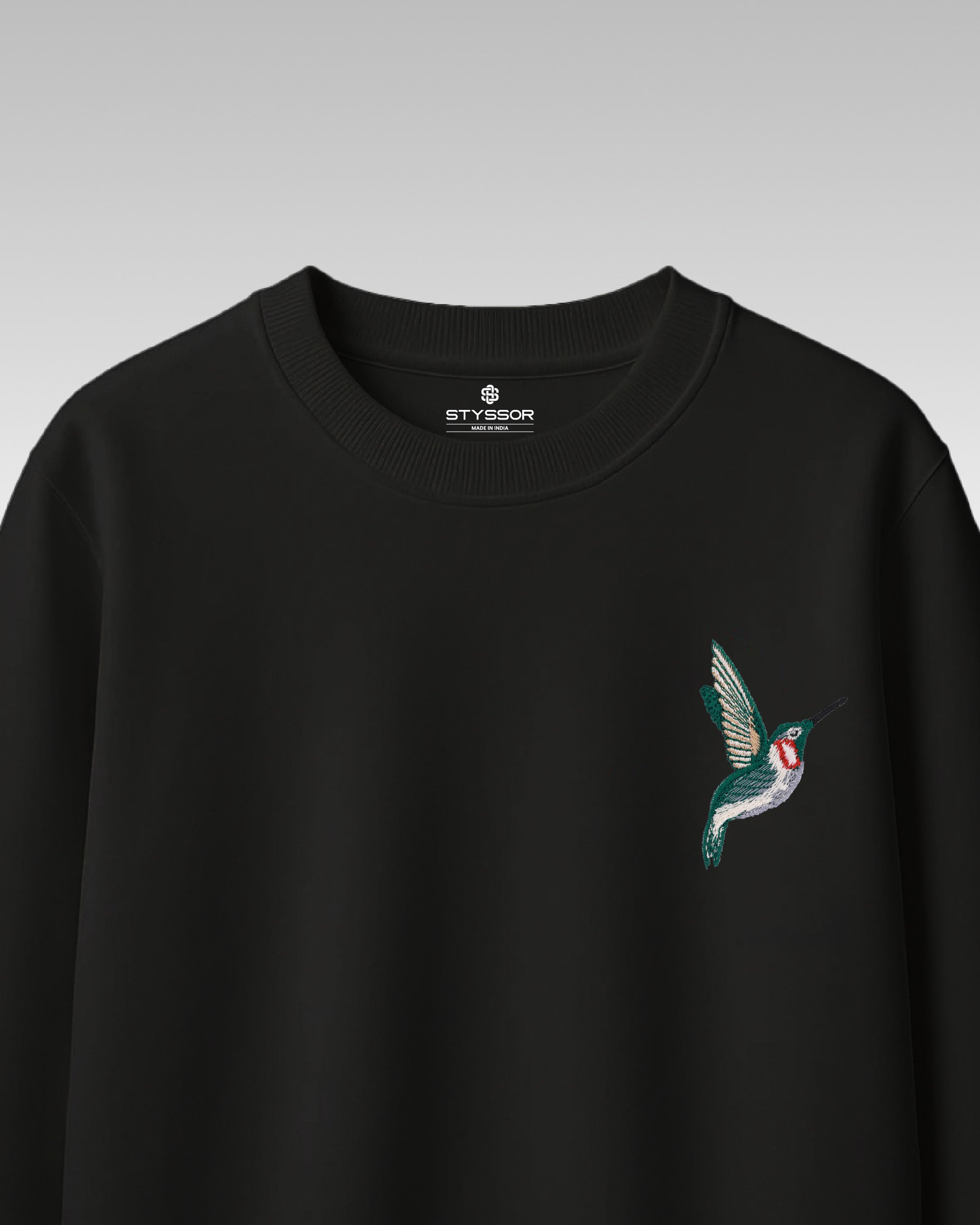 Humming Bird Wildlife Embroidery Oversized Black T-Shirt