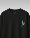 Humming Bird Wildlife Embroidery Oversized Black T-Shirt