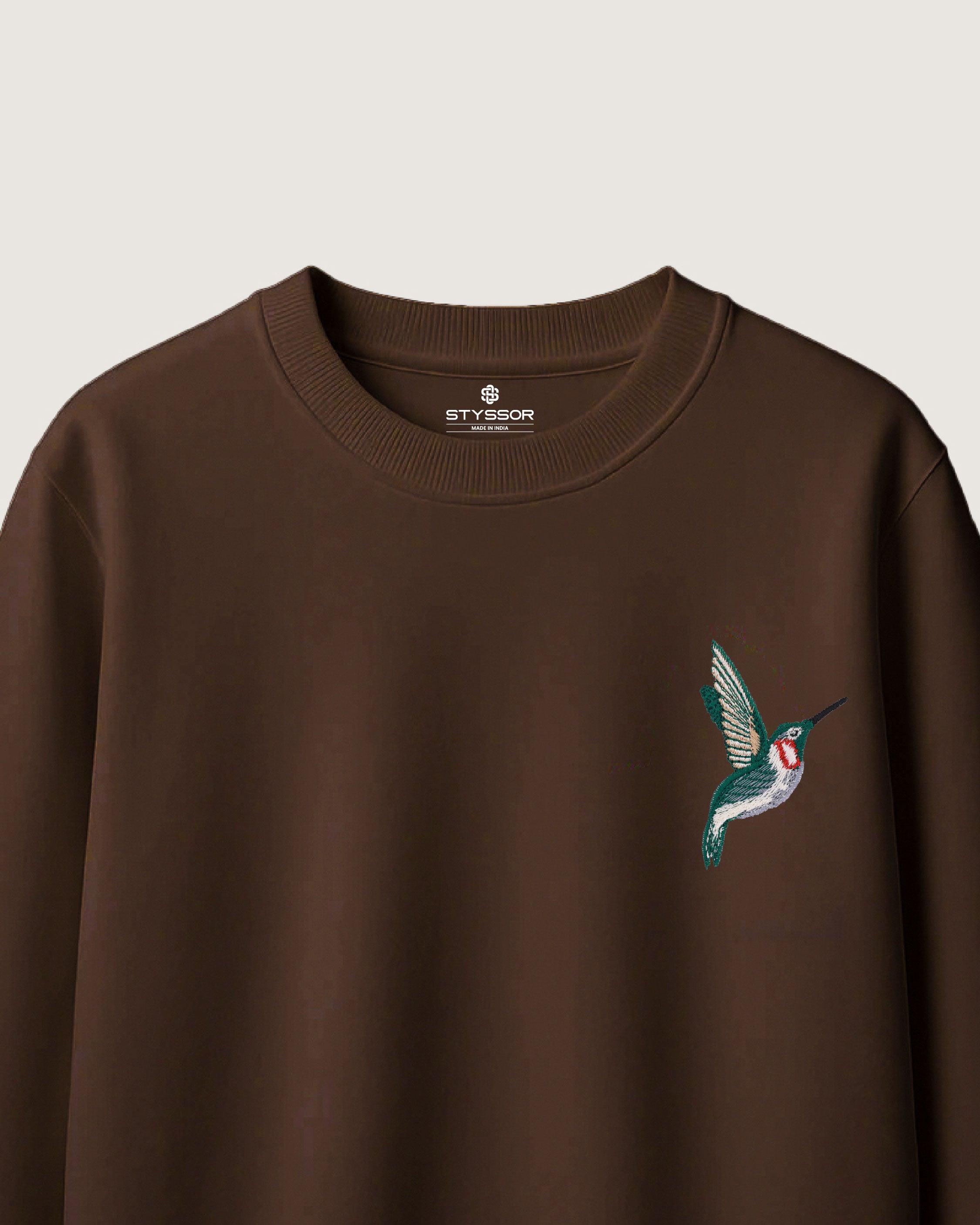 Humming Bird Wildlife Embroidery Oversized Brown T-Shirt