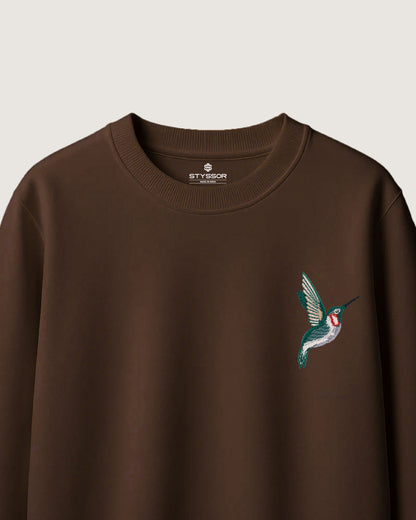 Humming Bird Wildlife Embroidery Oversized Brown T-Shirt