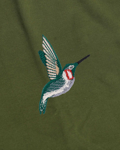 Humming Bird Wildlife Embroidery Oversized Green T-Shirt