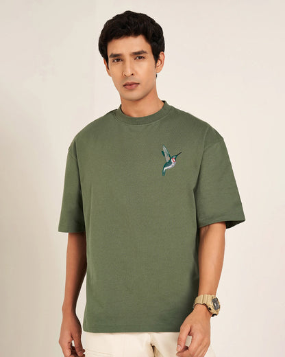 Humming Bird Wildlife Embroidery Oversized Green T-Shirt