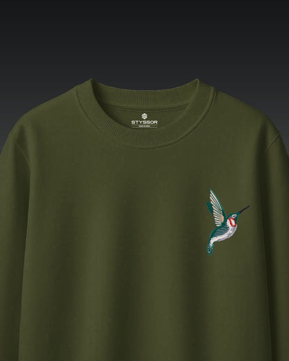 Humming Bird Wildlife Embroidery Oversized Green T-Shirt