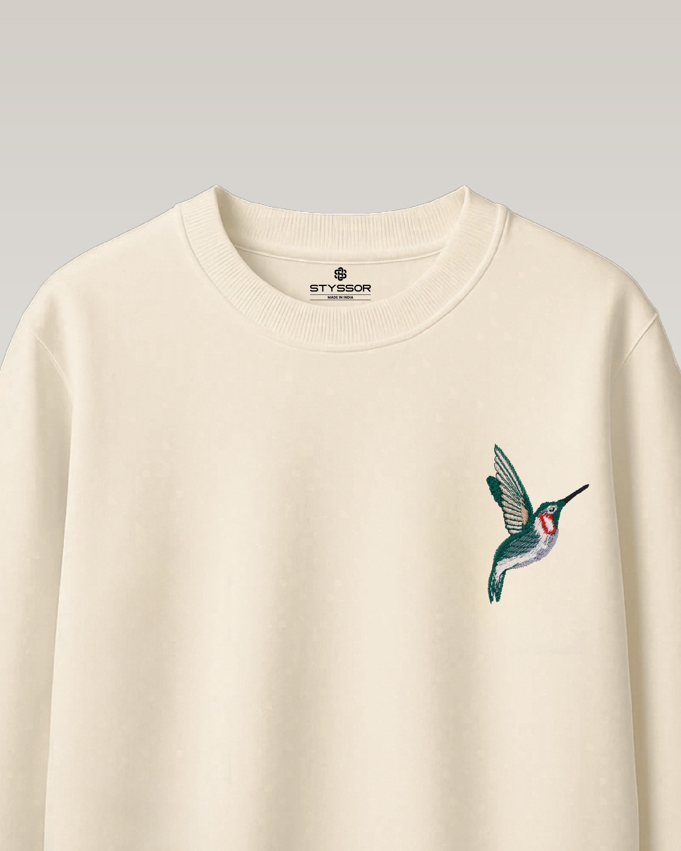 Humming Bird Wildlife Embroidery Oversized Off-White T-Shirt
