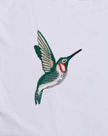 Humming Bird Wildlife Embroidery Oversized White T-Shirt