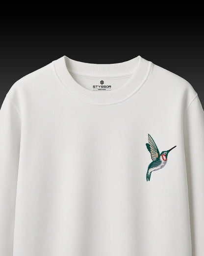 Humming Bird Wildlife Embroidery Oversized White T-Shirt