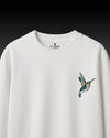 Humming Bird Wildlife Embroidery Oversized White T-Shirt